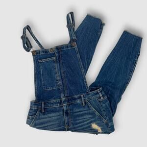Hollister Crop Overall Vintage Stretch Distressed Denim Medium Wash Size Large